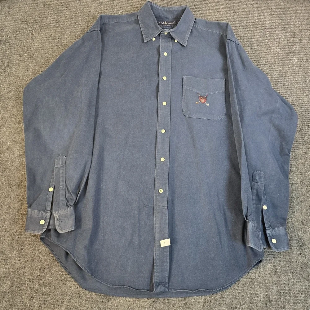 Vintage Polo Ralph Lauren Golf Crest Shirt Mens M Blue 90s Crossed Clubs Cotton